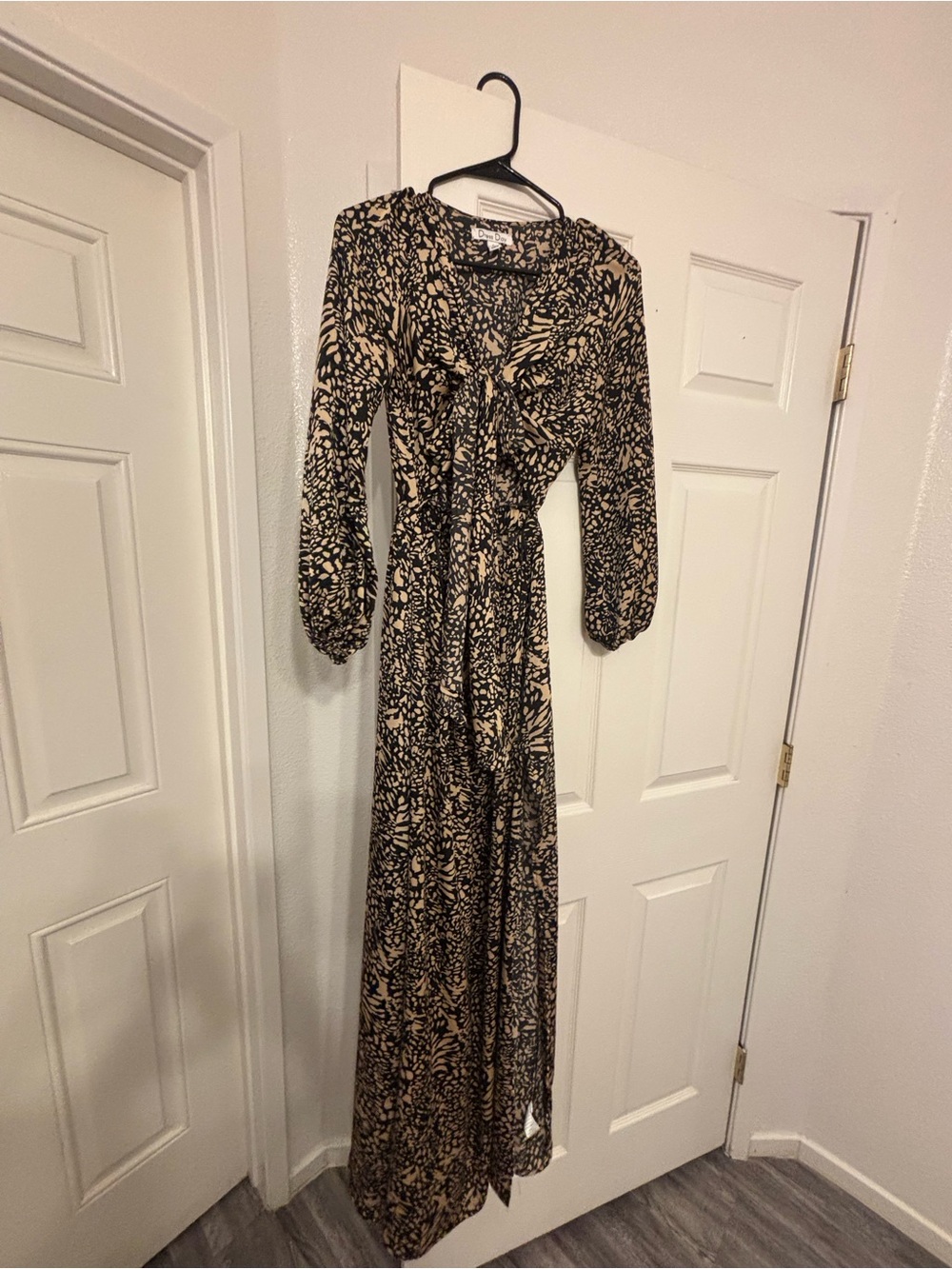 Black and Beige Floral Maxi Dress with Long Sleeves